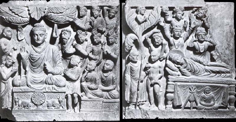 unknow artist Relief from Gandhara with the-first preaching in first preaching in the deer camp-and the death of Buddha, Kushana.